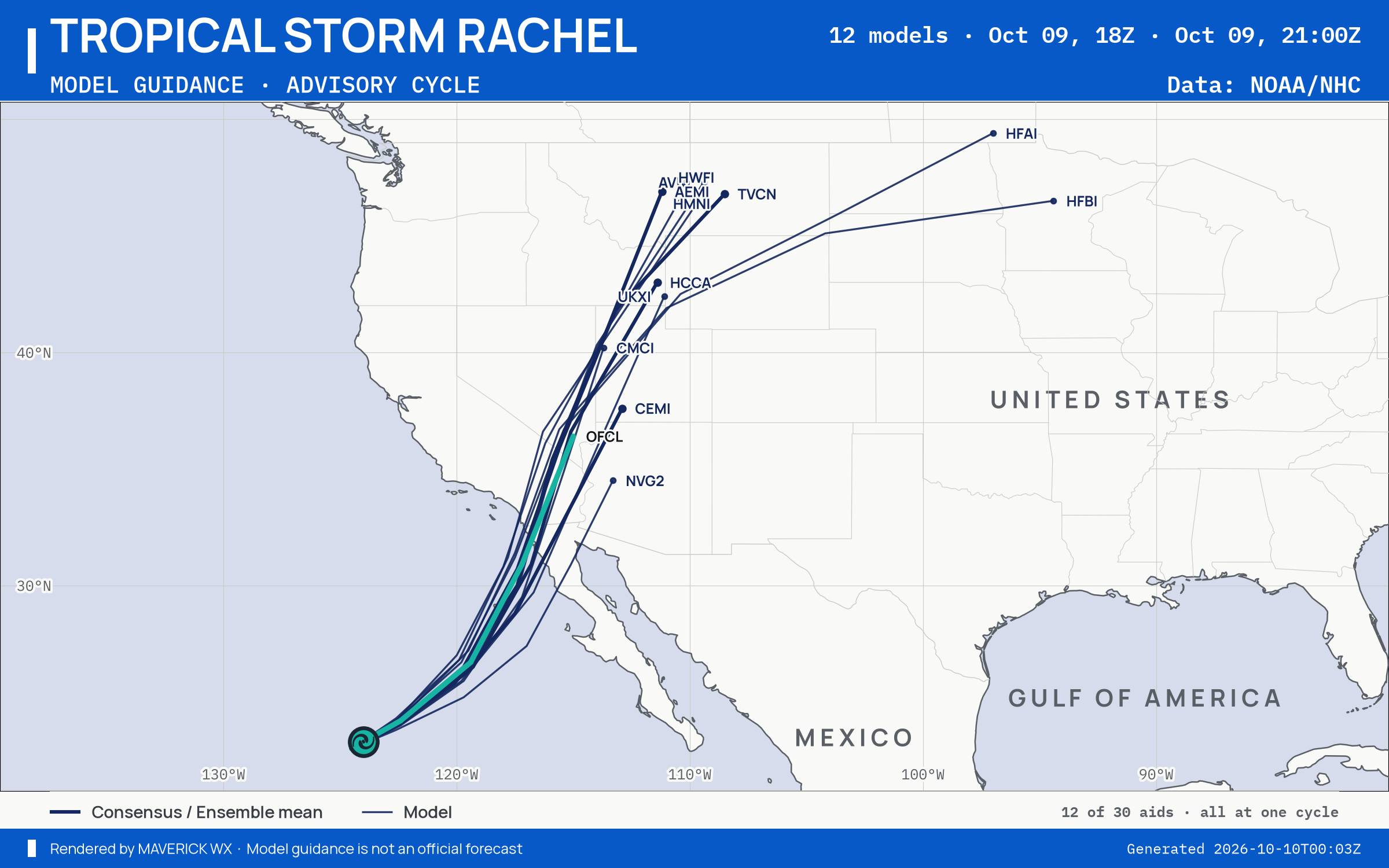 The models’ tracks, which are not a forecast for Tropical Storm Rachel, NHC Advisory 51