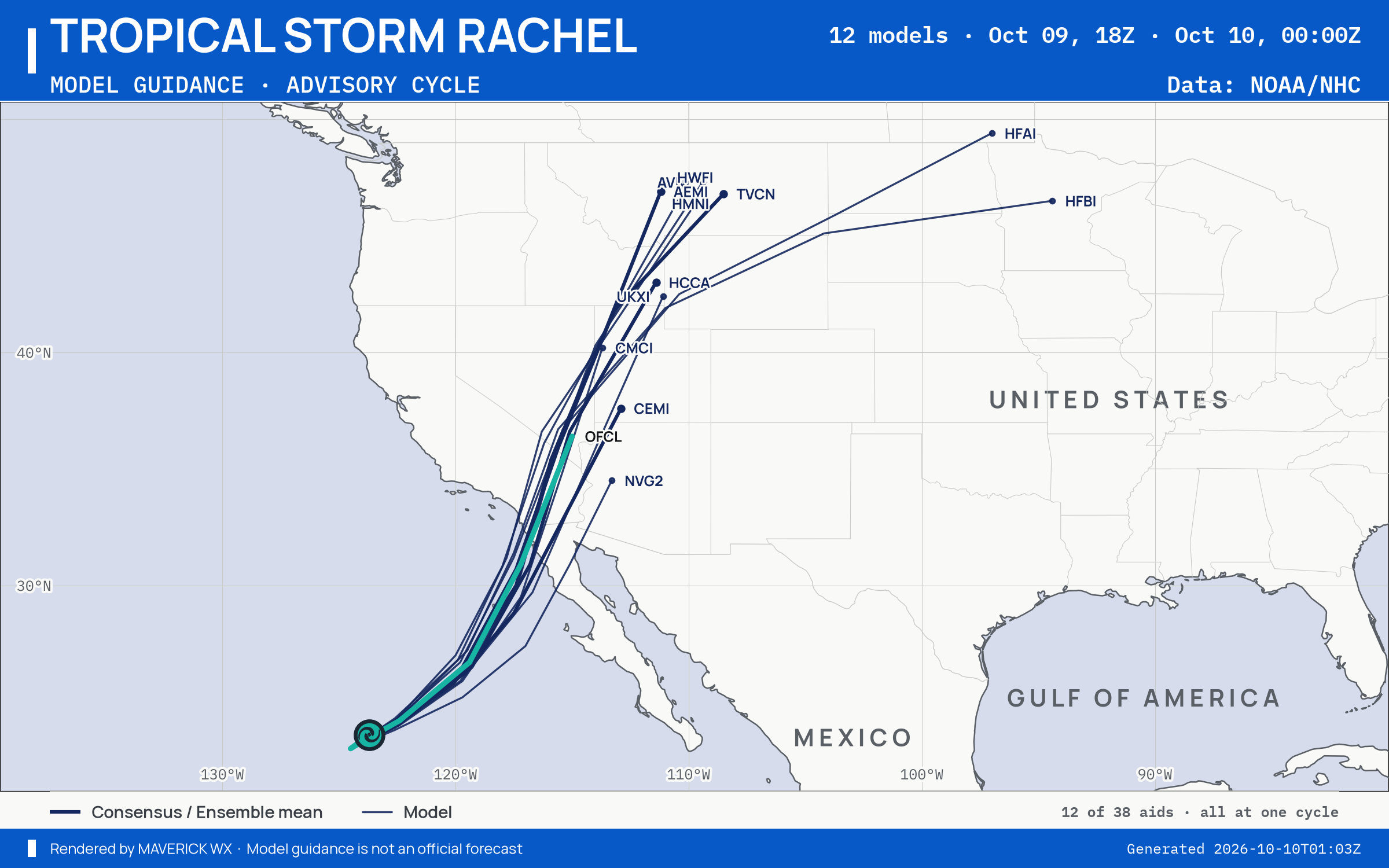 The models’ tracks, which are not a forecast for Tropical Storm Rachel, NHC Best track