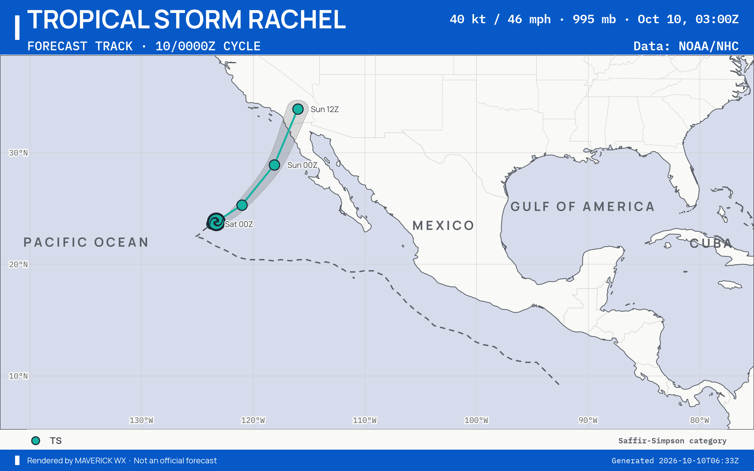 NHC forecast for Tropical Storm Rachel, Advisory 52; rendered by MaverickWX