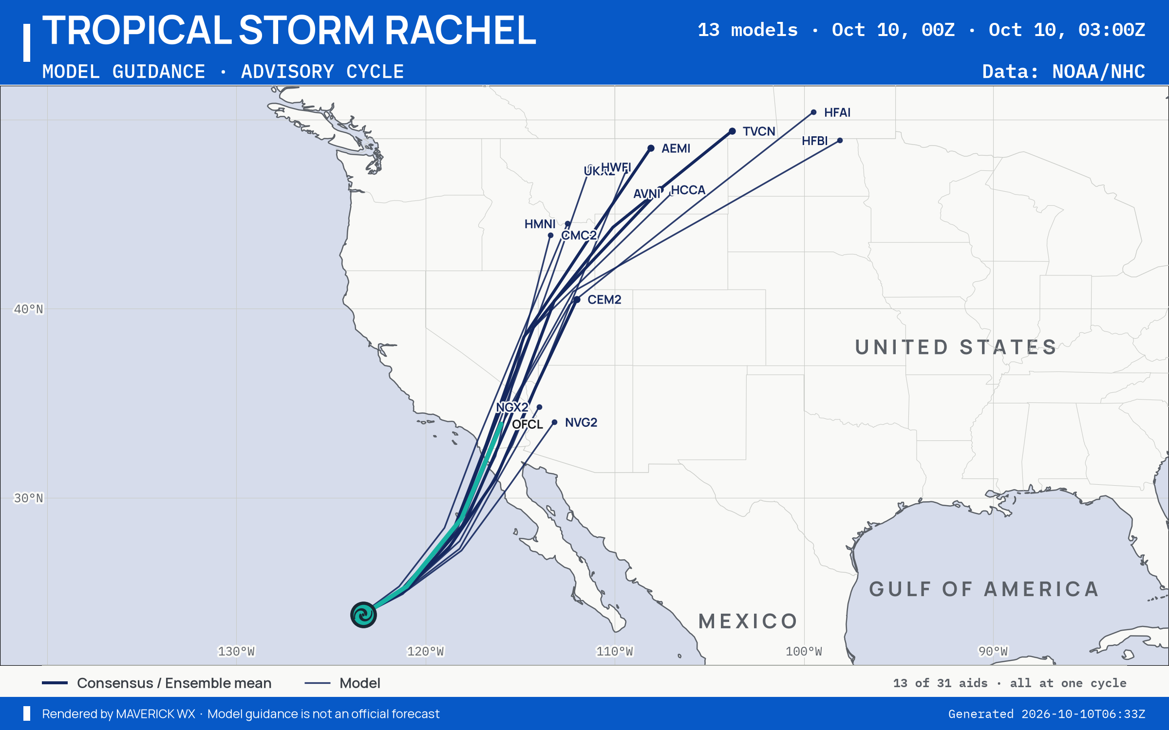 The models’ tracks, which are not a forecast for Tropical Storm Rachel, NHC Advisory 52