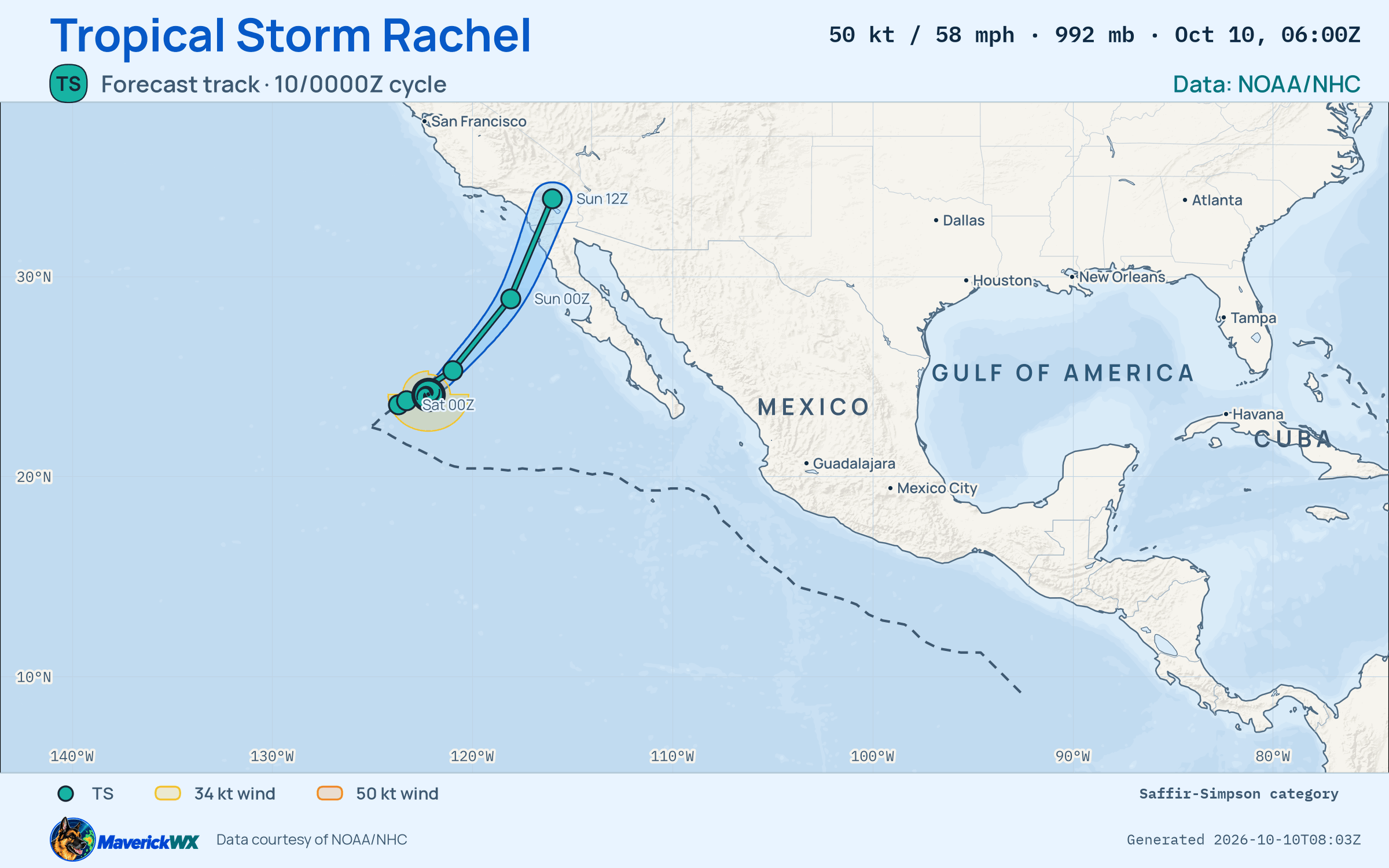 The official forecast track for Tropical Storm Rachel, NHC Best track