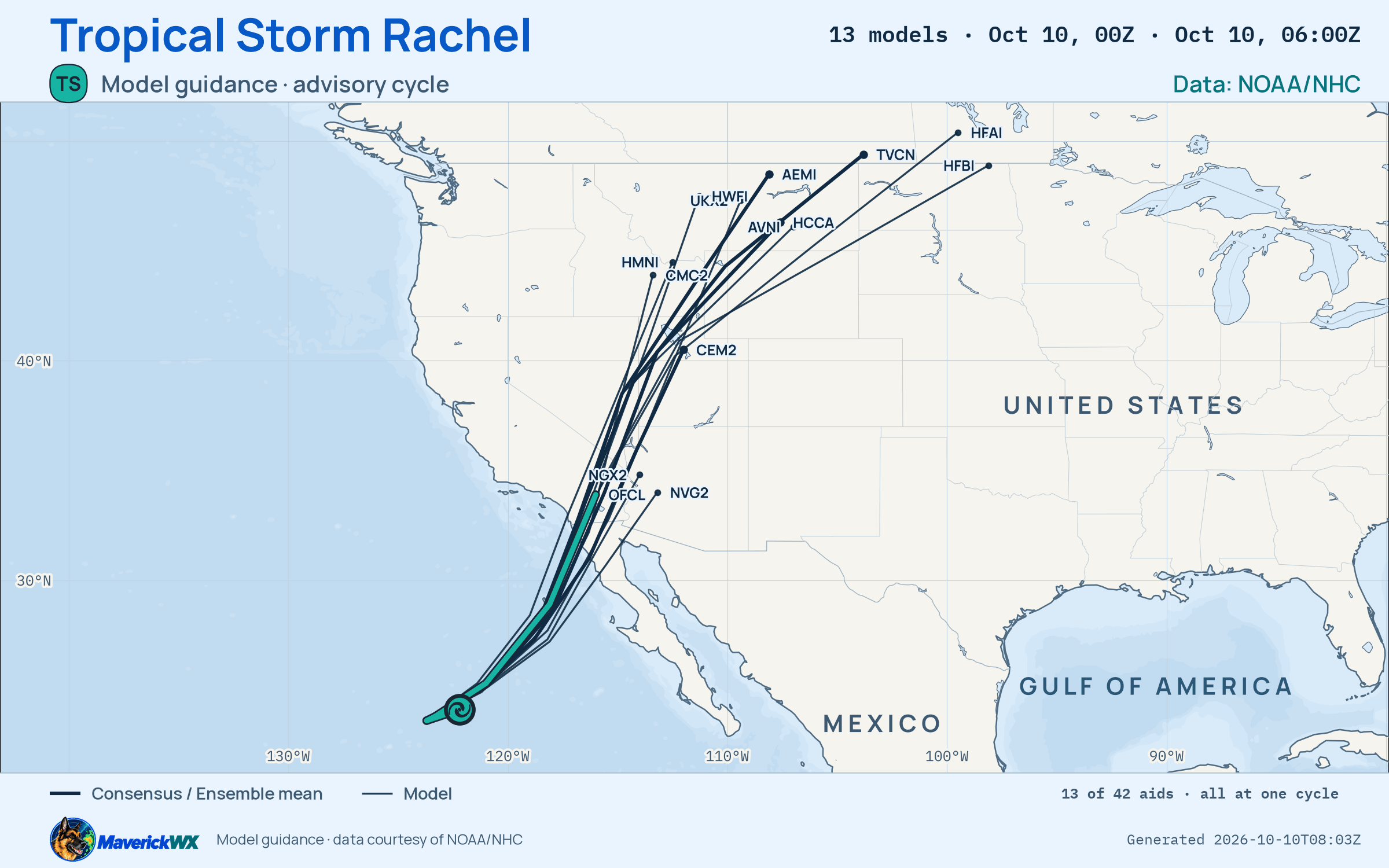 The models’ tracks, which are not a forecast for Tropical Storm Rachel, NHC Best track