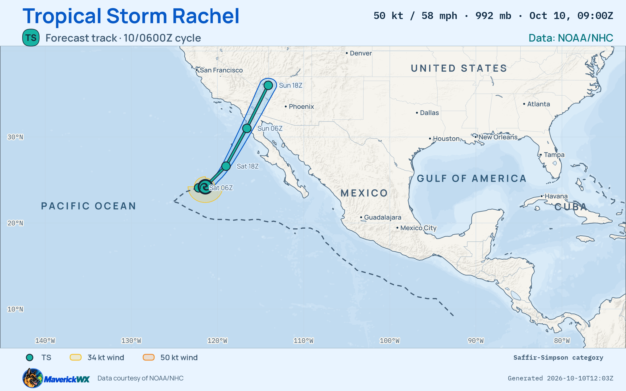 The official forecast track for Tropical Storm Rachel, NHC Advisory 53