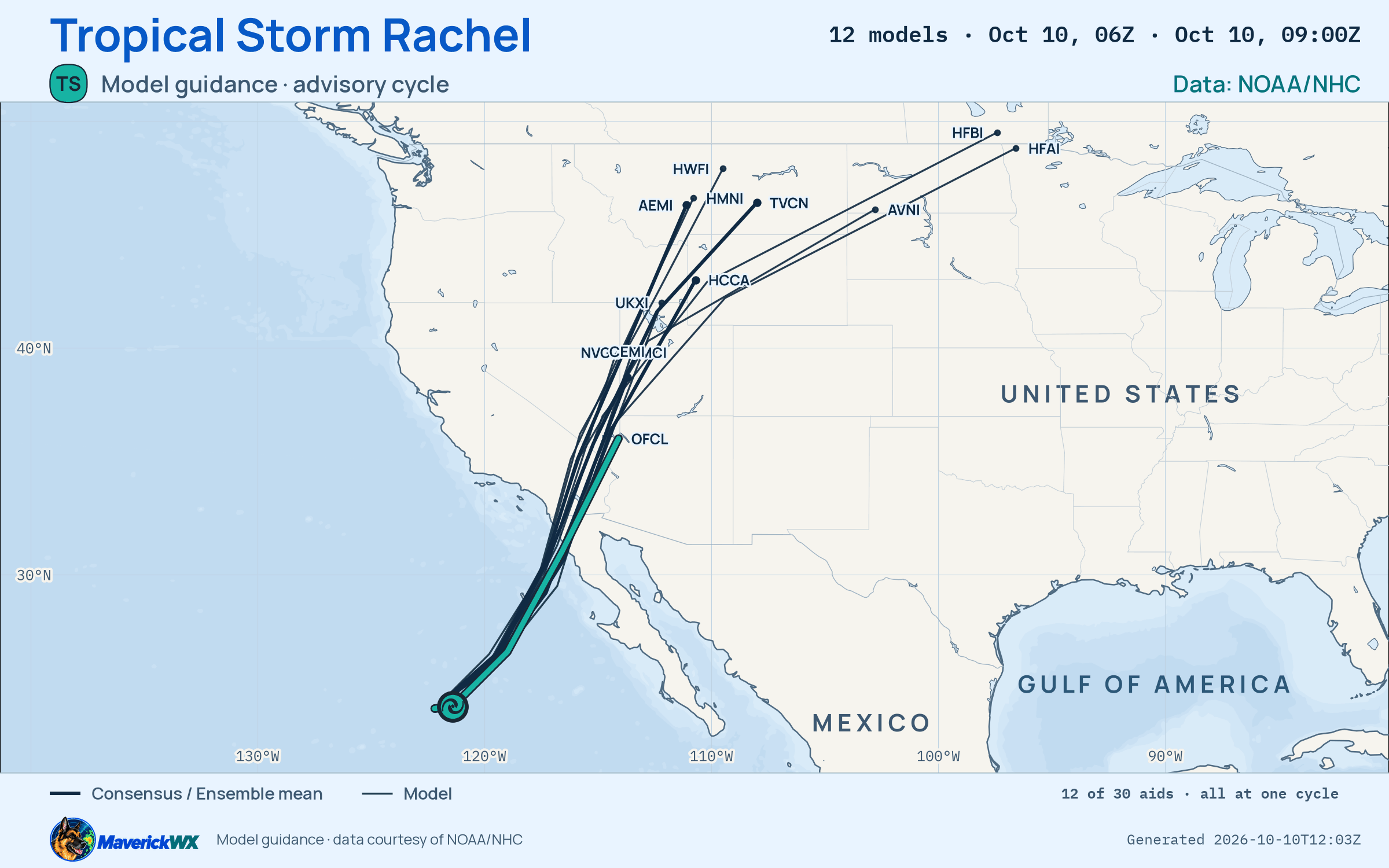 The models’ tracks, which are not a forecast for Tropical Storm Rachel, NHC Advisory 53