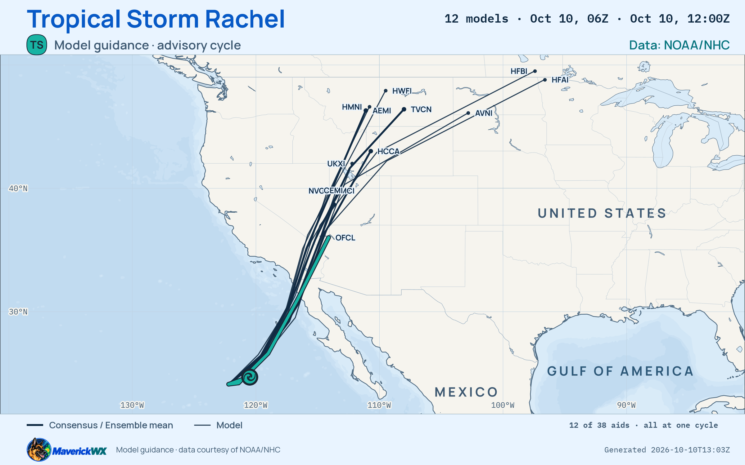 The models’ tracks, which are not a forecast for Tropical Storm Rachel, NHC Best track