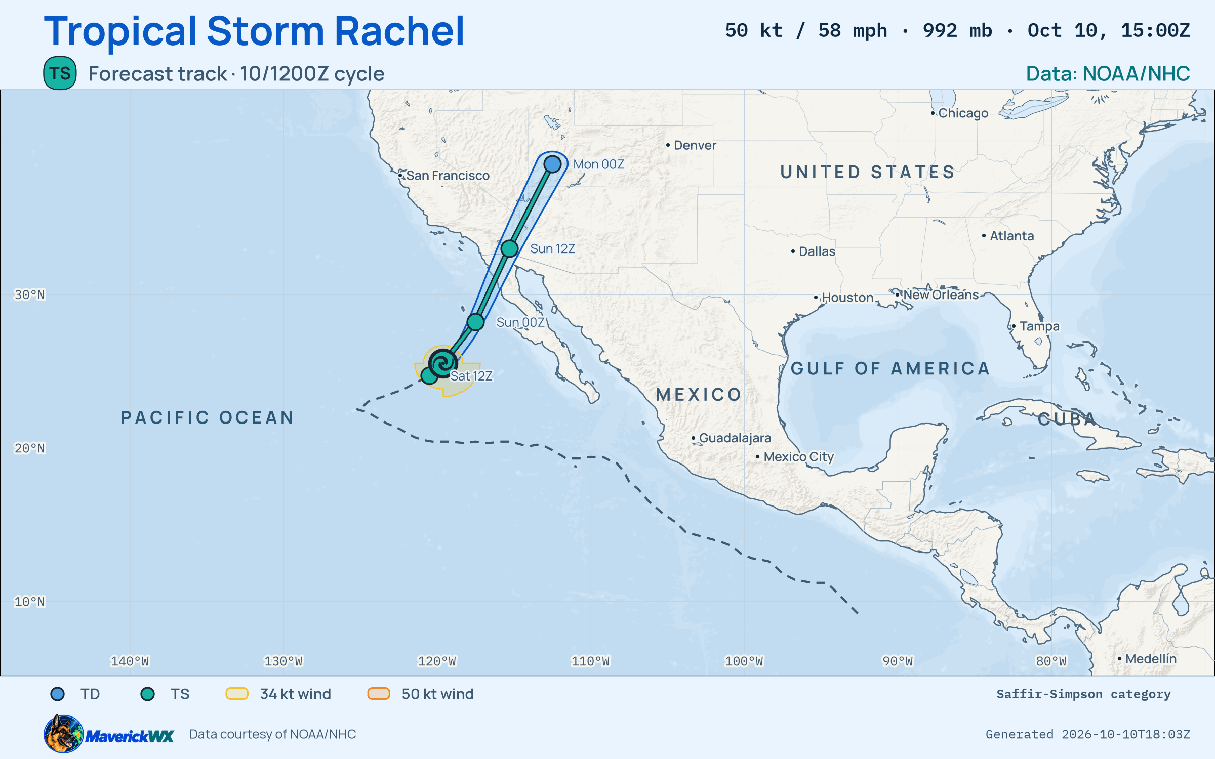NHC forecast for Tropical Storm Rachel, Advisory 54; rendered by MaverickWX