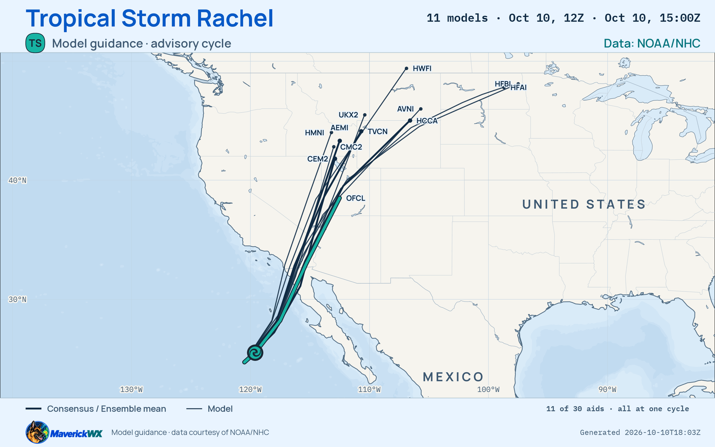 The models’ tracks, which are not a forecast for Tropical Storm Rachel, NHC Advisory 54