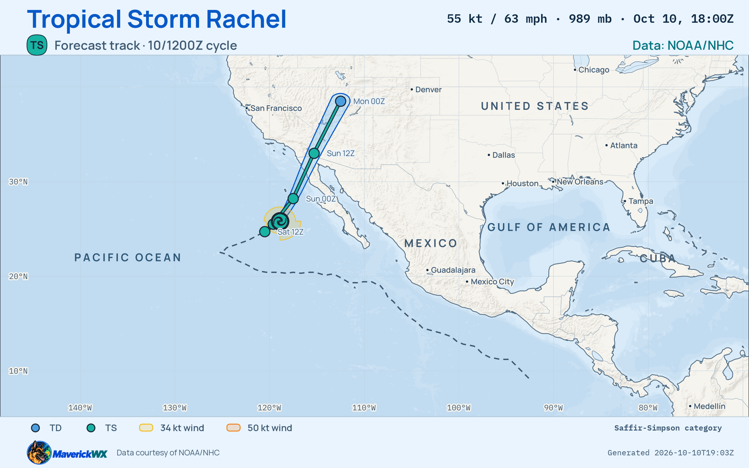 The official forecast track for Tropical Storm Rachel, NHC Best track