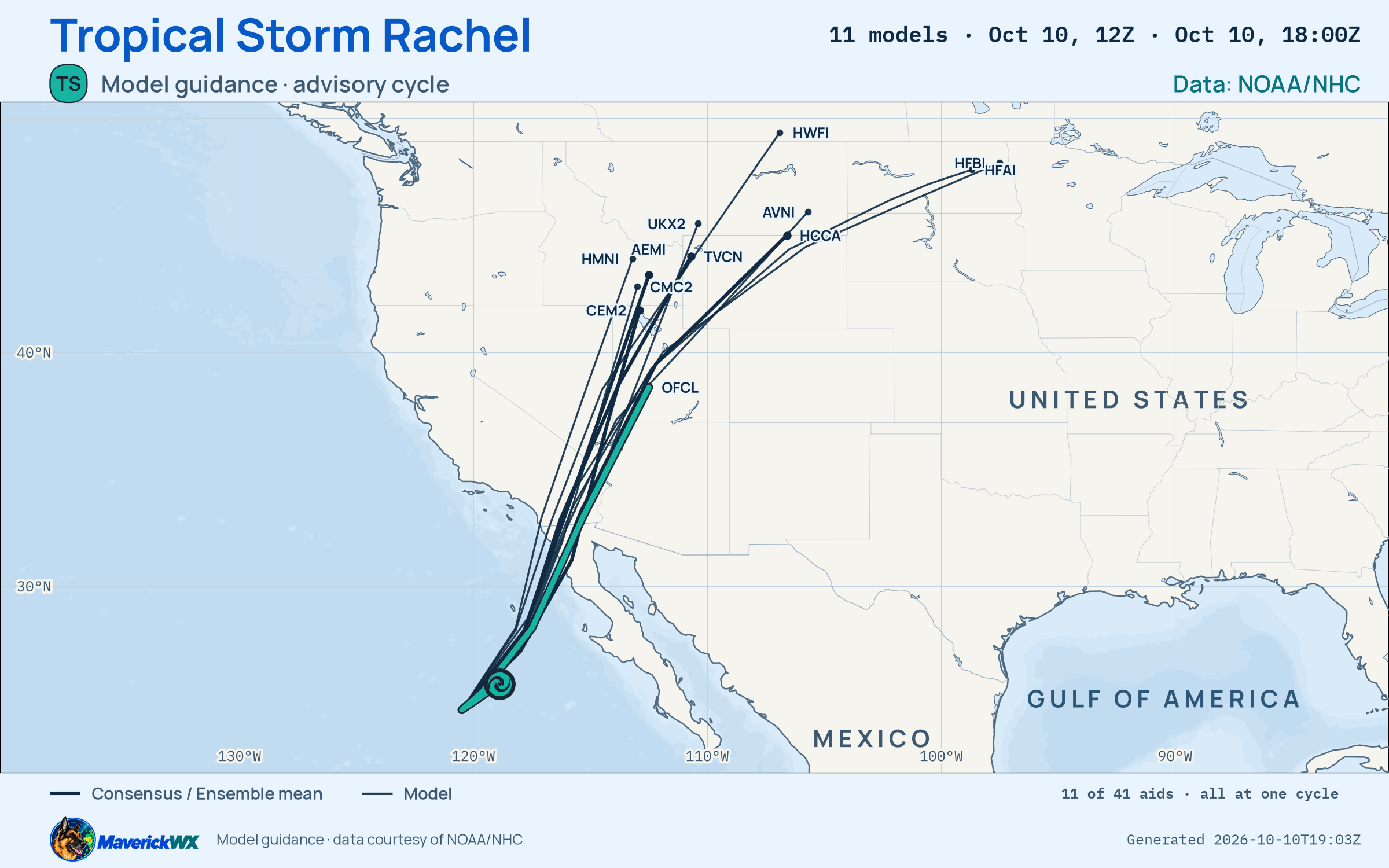 The models’ tracks, which are not a forecast for Tropical Storm Rachel, NHC Best track