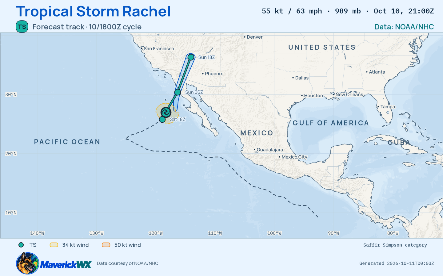 NHC forecast for Tropical Storm Rachel, Advisory 55; rendered by MaverickWX