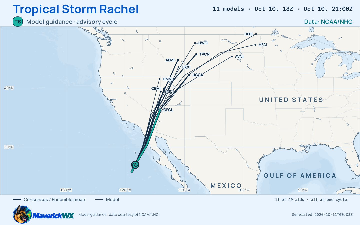 The models’ tracks, which are not a forecast for Tropical Storm Rachel, NHC Advisory 55