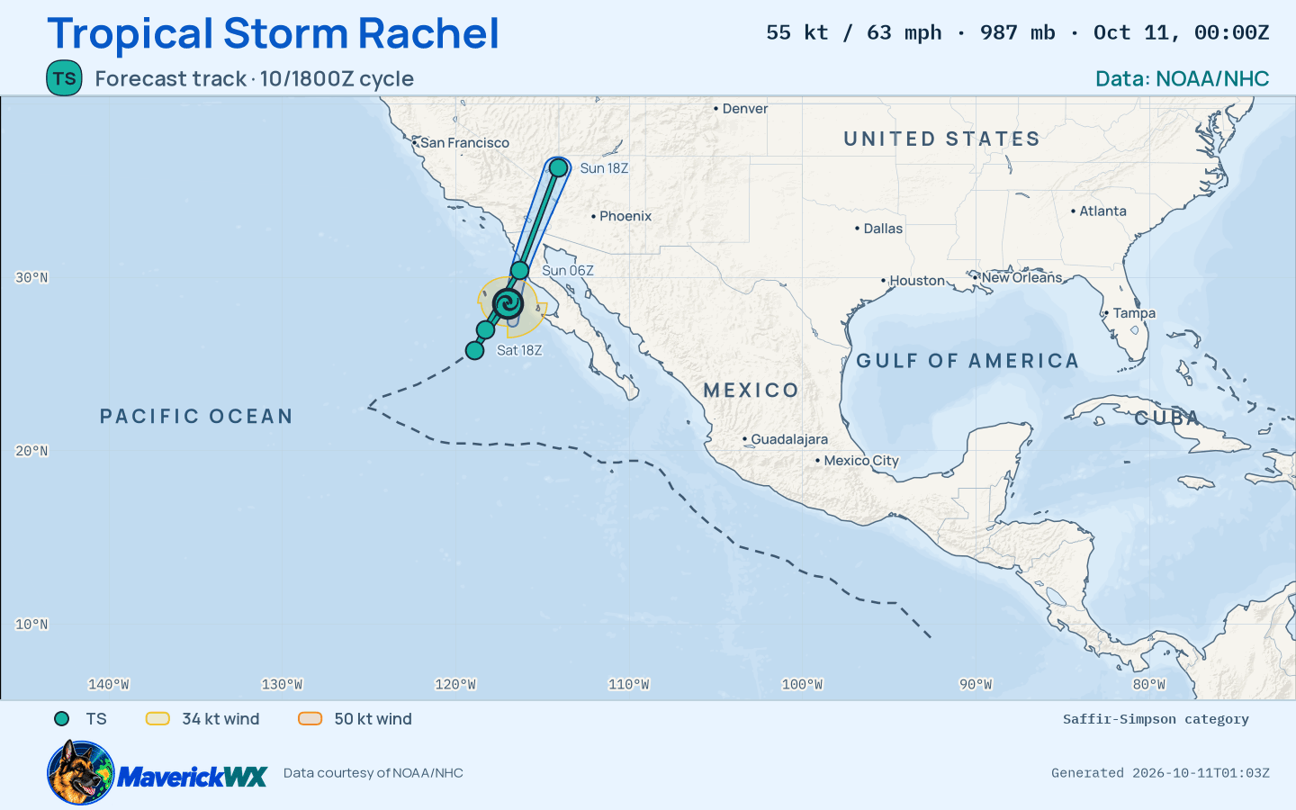 NHC forecast for Tropical Storm Rachel, Best track; rendered by MaverickWX