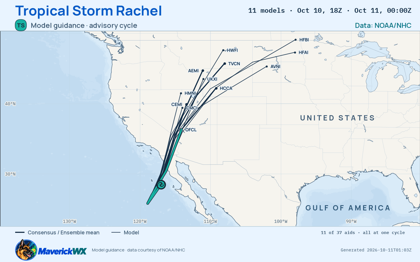 The models’ tracks, which are not a forecast for Tropical Storm Rachel, NHC Best track