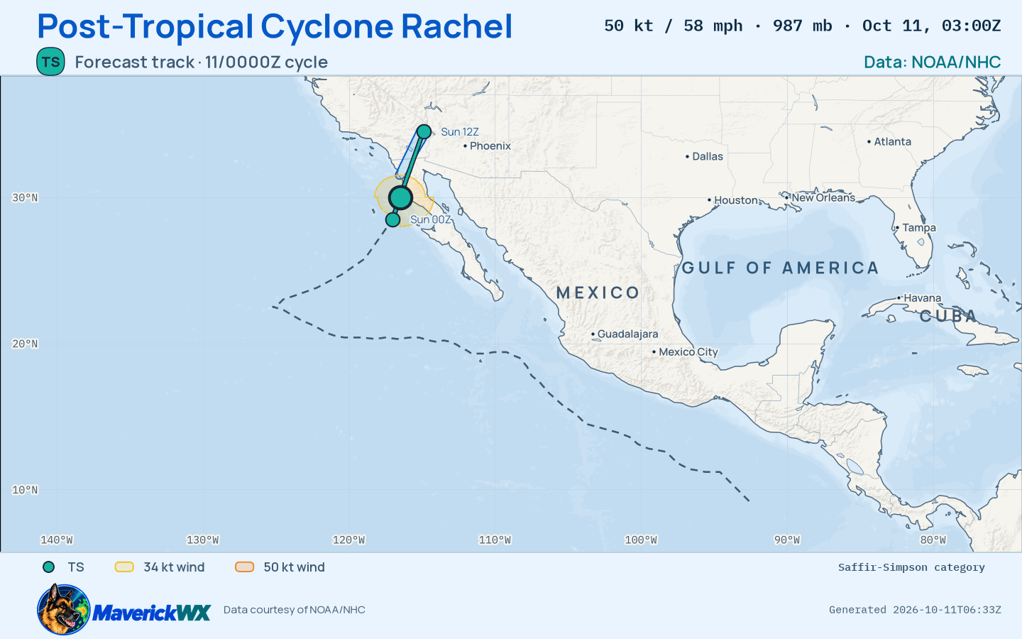 NHC forecast for Post-Tropical Cyclone Rachel, Advisory 56; rendered by MaverickWX