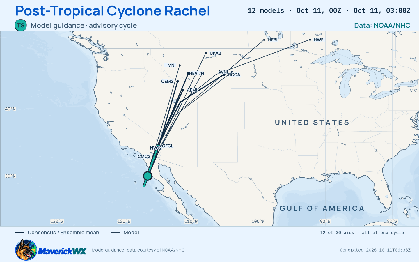 The models’ tracks, which are not a forecast for Post-Tropical Cyclone Rachel, NHC Advisory 56