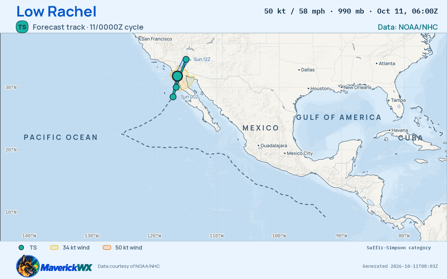 The official forecast track for Remnant Low Rachel, NHC Best track