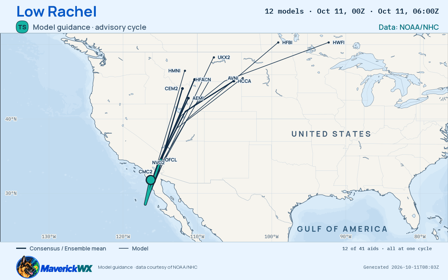 The models’ tracks, which are not a forecast for Remnant Low Rachel, NHC Best track
