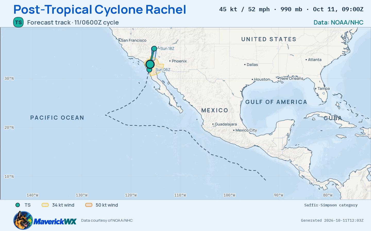 The official forecast track for Post-Tropical Cyclone Rachel, NHC Advisory 57