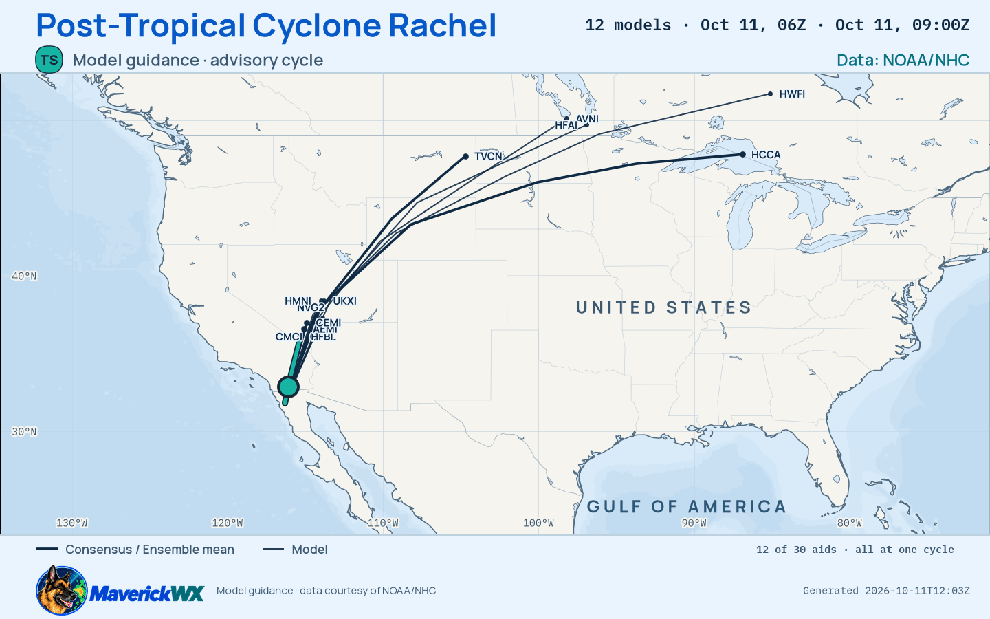 The models’ tracks, which are not a forecast for Post-Tropical Cyclone Rachel, NHC Advisory 57
