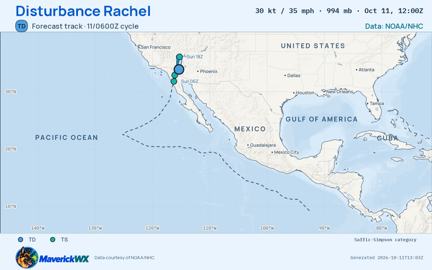 The official forecast track for Disturbance Rachel, NHC Best track