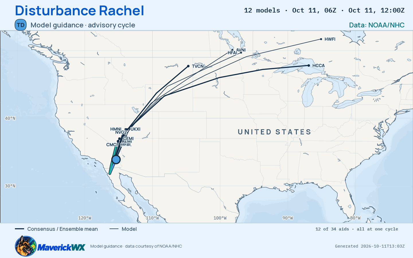 The models’ tracks, which are not a forecast for Disturbance Rachel, NHC Best track