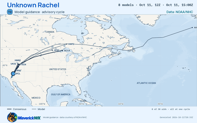 The models’ tracks, which are not a forecast for Unknown Rachel, NHC Advisory 58