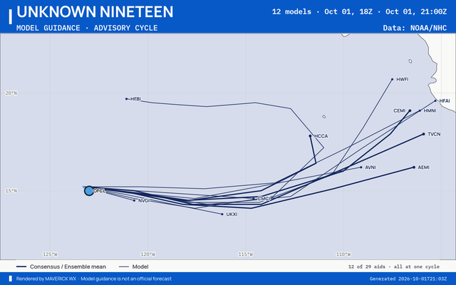 The models’ tracks, which are not a forecast for Unknown Nineteen, NHC Advisory 10
