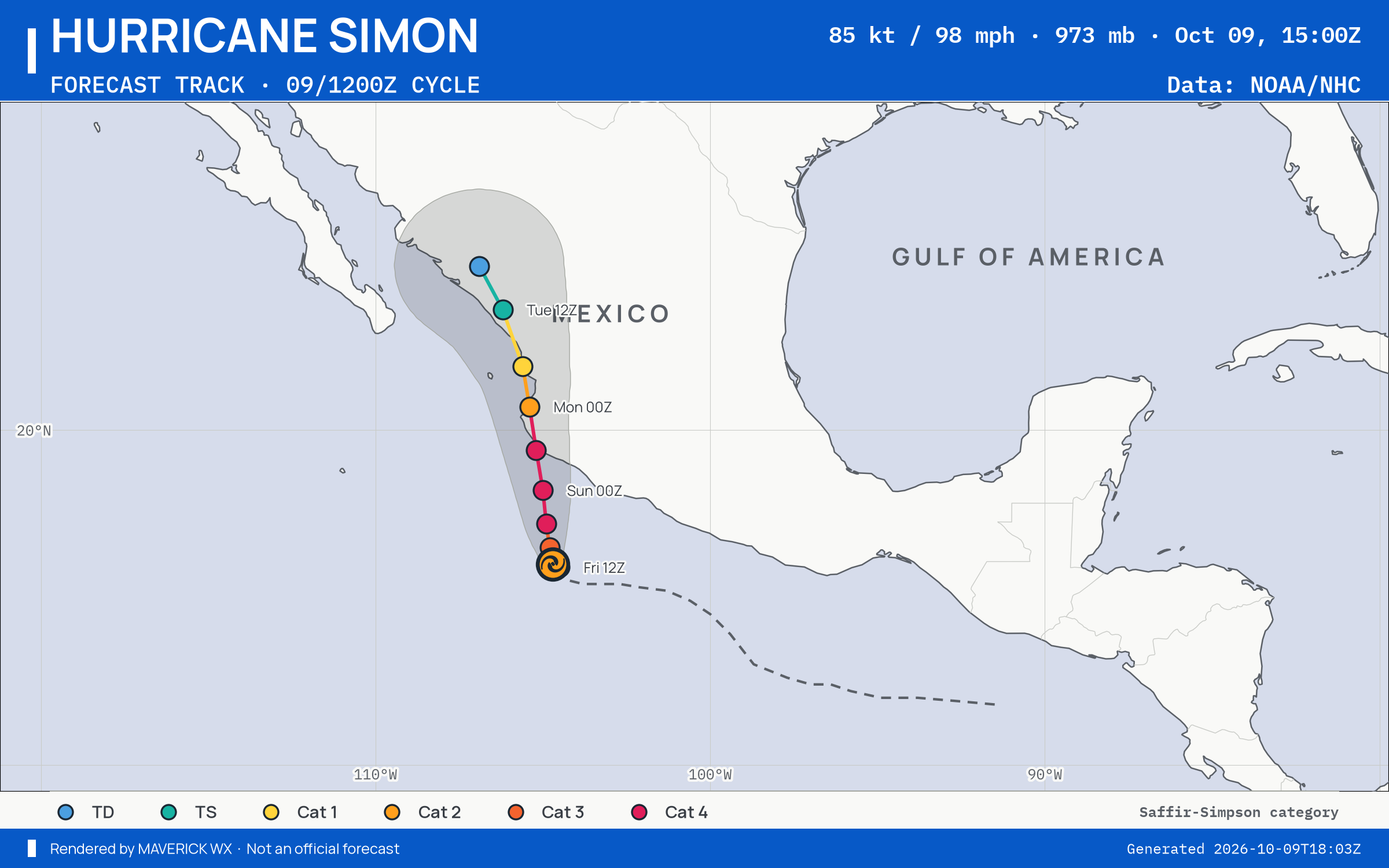 NHC forecast for Category 2 Hurricane Simon, Advisory 9; rendered by MaverickWX