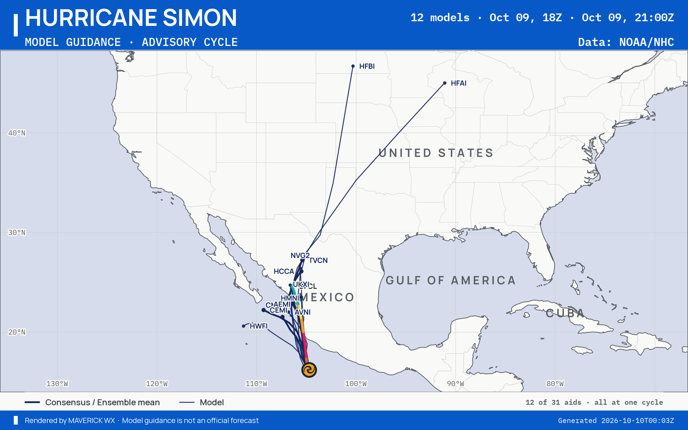 The models’ tracks, which are not a forecast for Category 2 Hurricane Simon, NHC Advisory 10