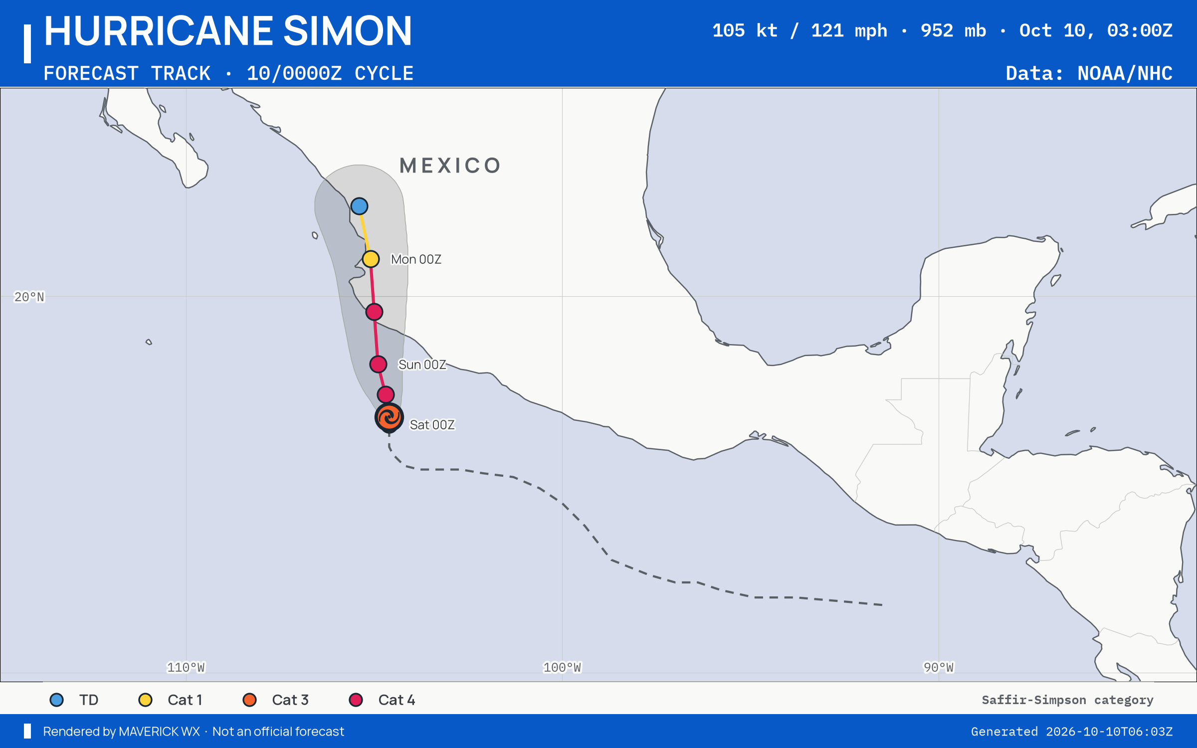 NHC forecast for Category 3 Hurricane Simon, Advisory 11; rendered by MaverickWX