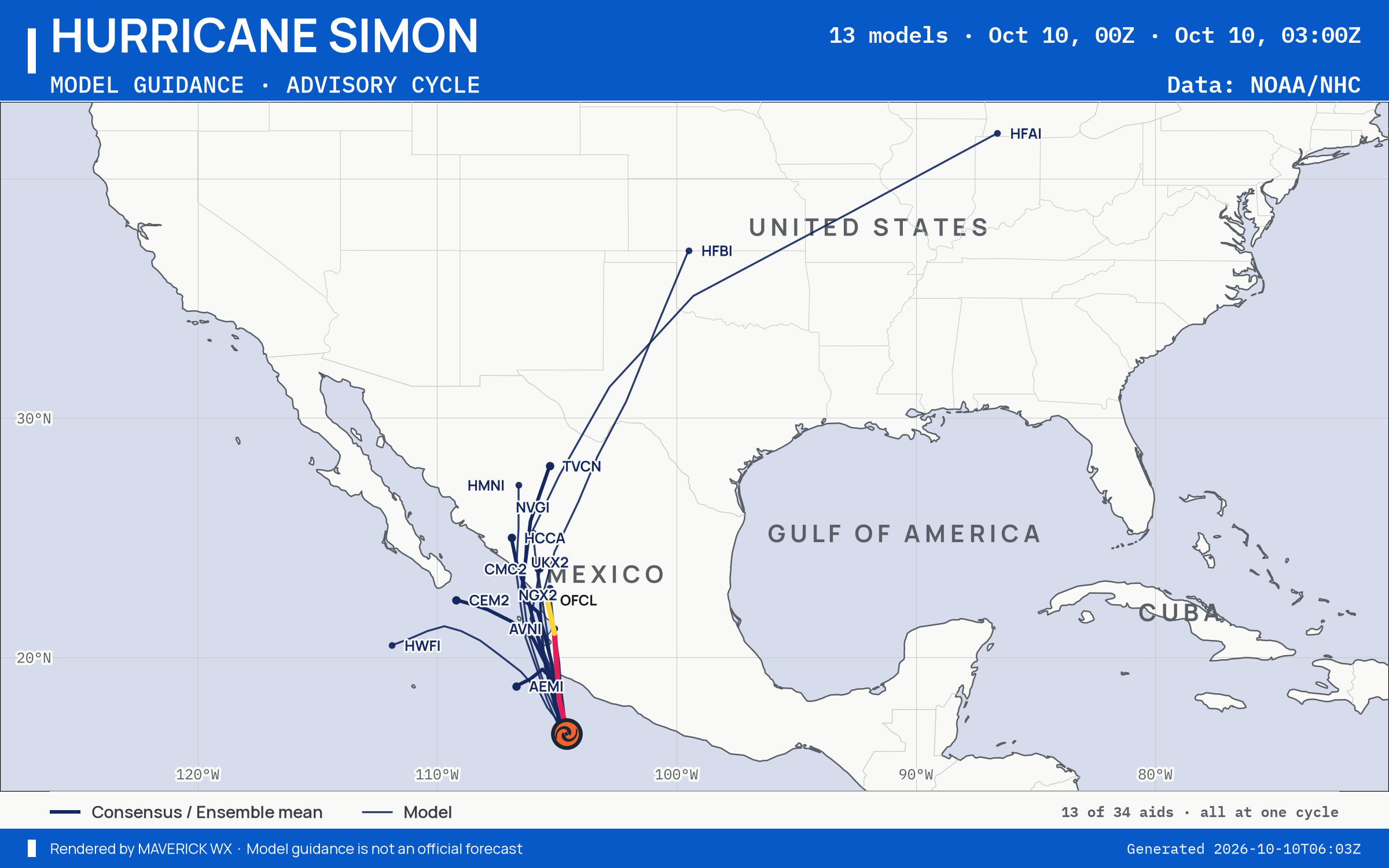 The models’ tracks, which are not a forecast for Category 3 Hurricane Simon, NHC Advisory 11