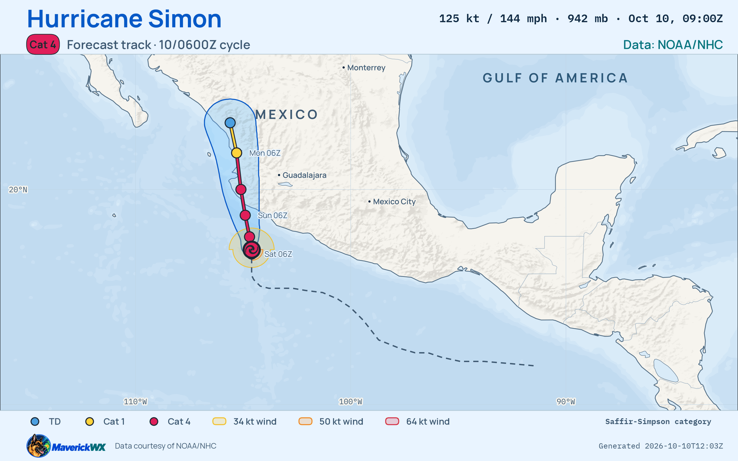 NHC forecast for Category 4 Hurricane Simon, Advisory 12; rendered by MaverickWX