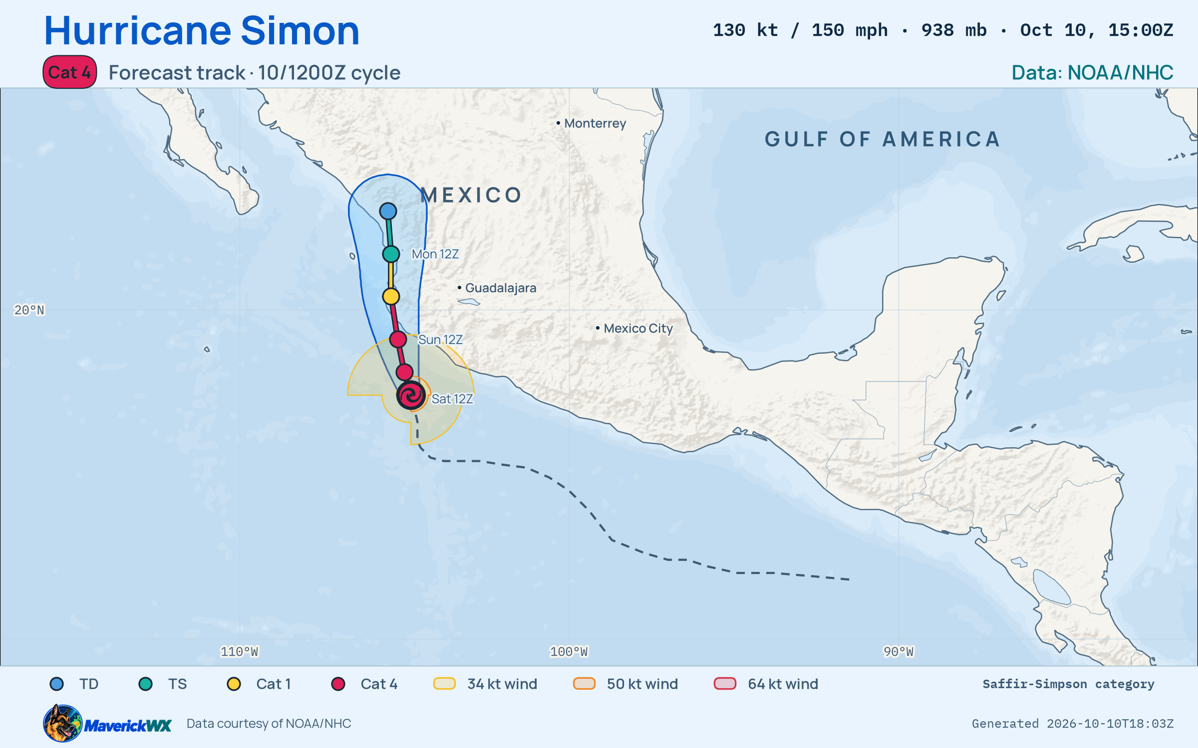 NHC forecast for Category 4 Hurricane Simon, Advisory 13; rendered by MaverickWX