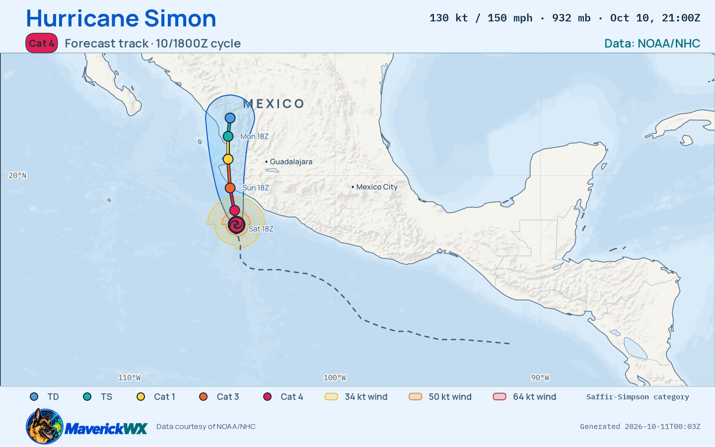 The official forecast track for Category 4 Hurricane Simon, NHC Advisory 14