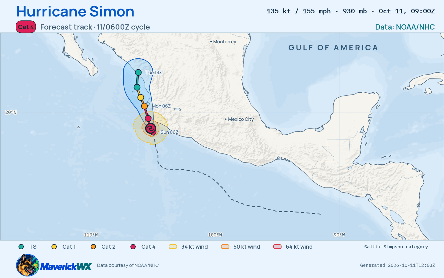 NHC forecast for Category 4 Hurricane Simon, Advisory 16; rendered by MaverickWX