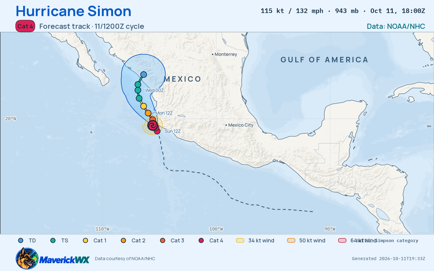 The official forecast track for Category 4 Hurricane Simon, NHC Best track