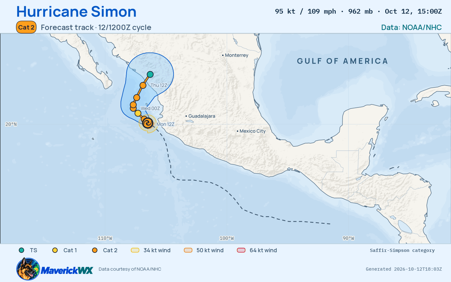 NHC forecast for Category 2 Hurricane Simon, Advisory 21; rendered by MaverickWX