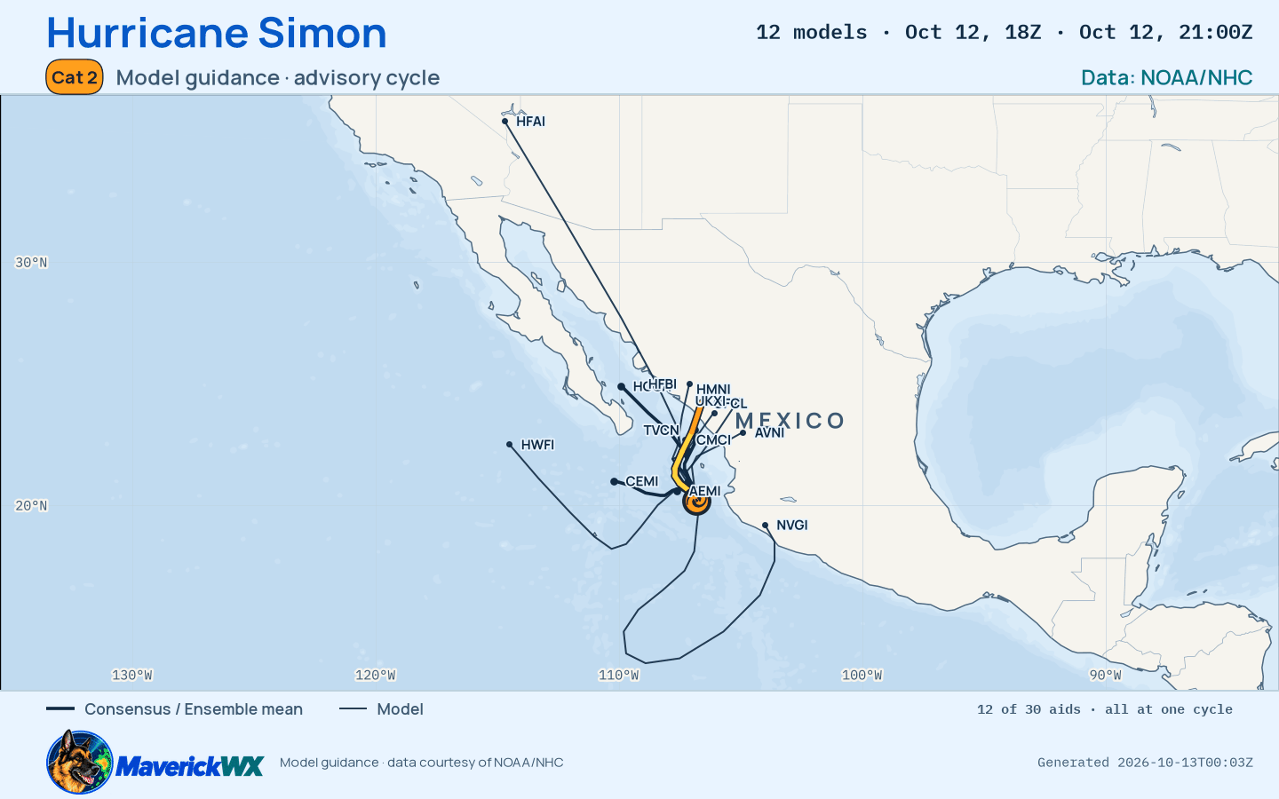 The models’ tracks, which are not a forecast for Category 2 Hurricane Simon, NHC Advisory 22