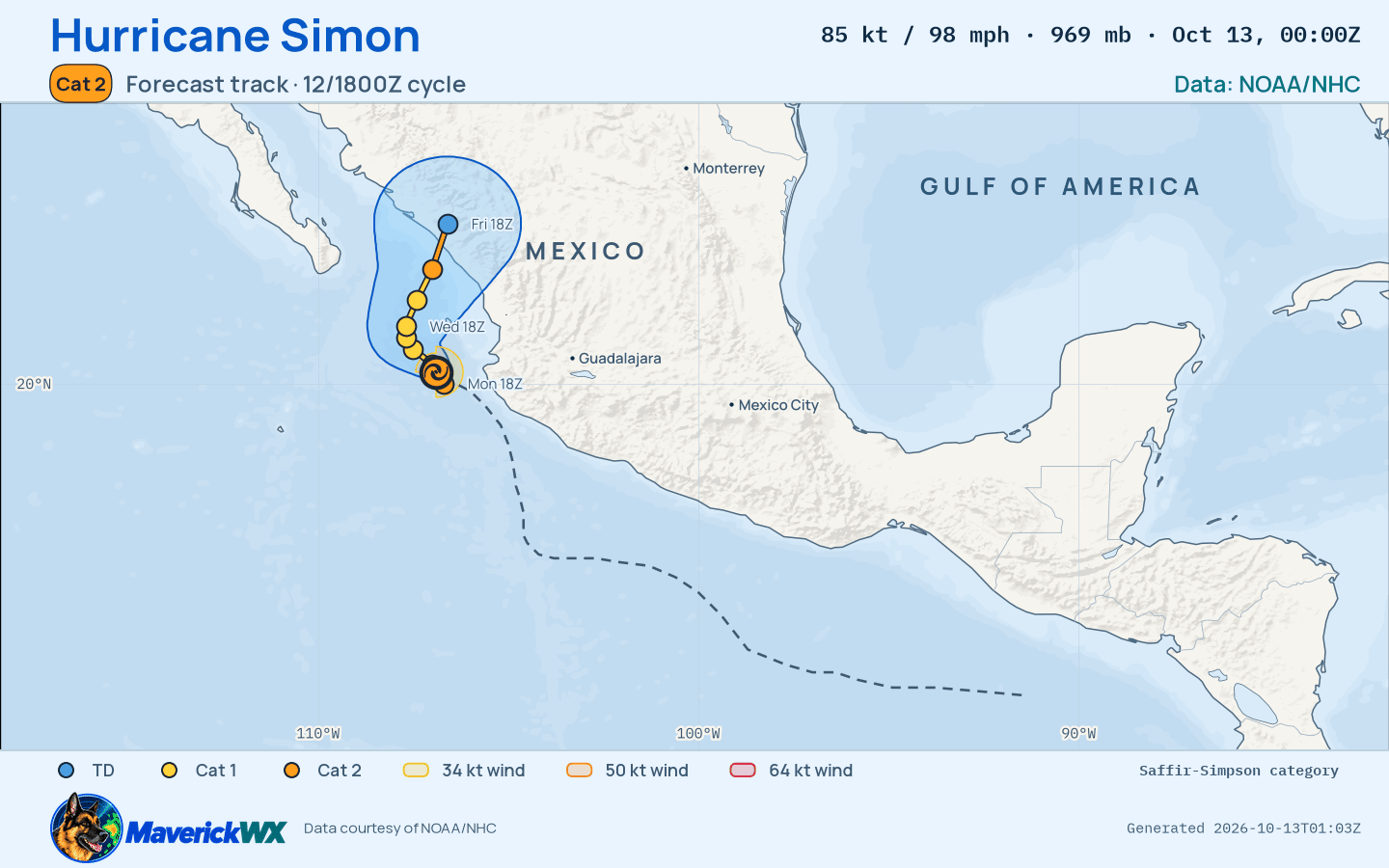 NHC forecast for Category 2 Hurricane Simon, Best track; rendered by MaverickWX