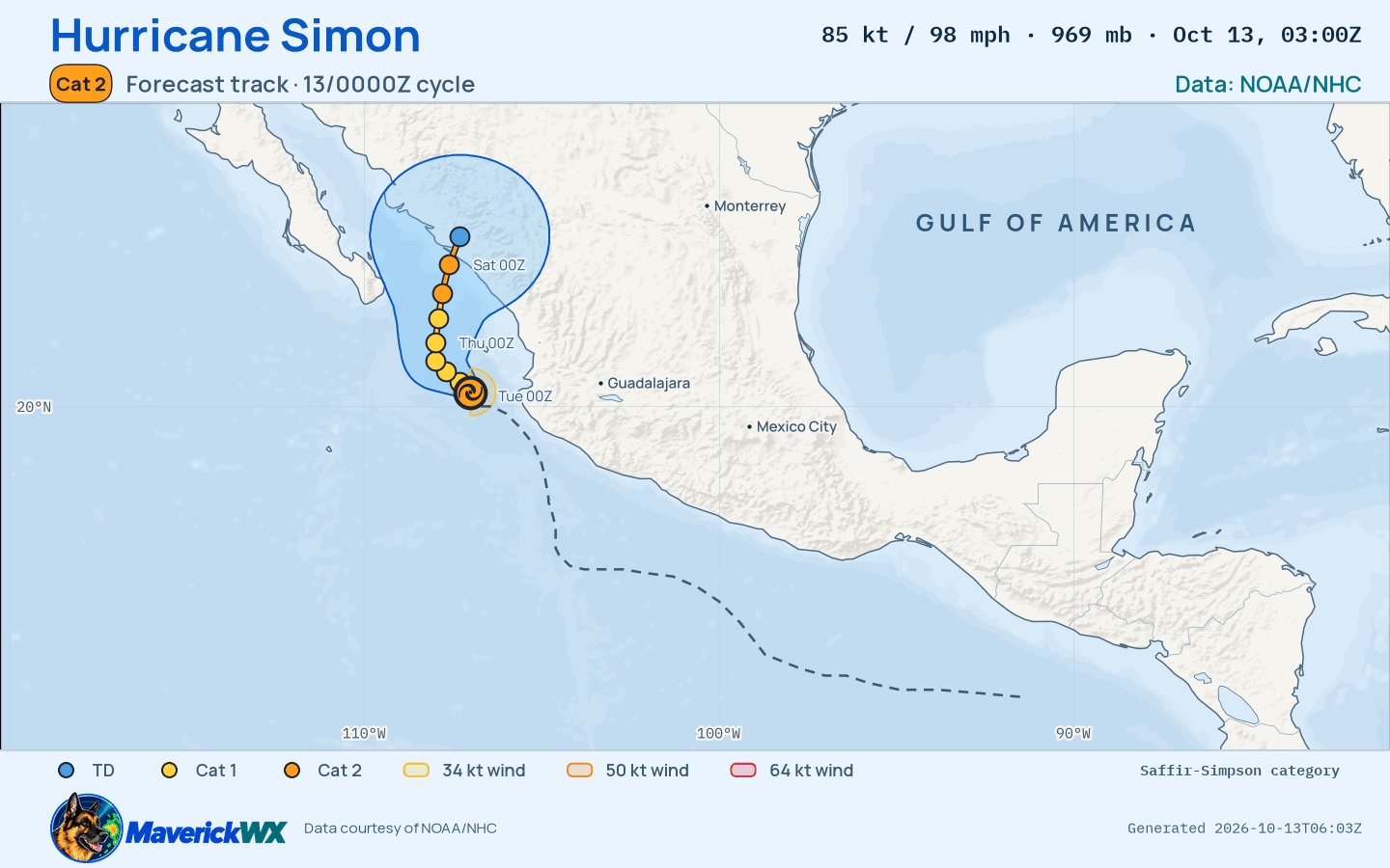 The official forecast track for Category 2 Hurricane Simon, NHC Advisory 23