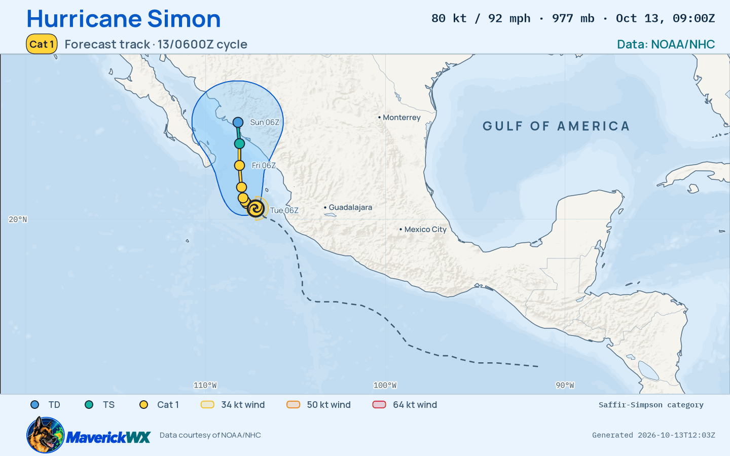 The official forecast track for Category 1 Hurricane Simon, NHC Advisory 24
