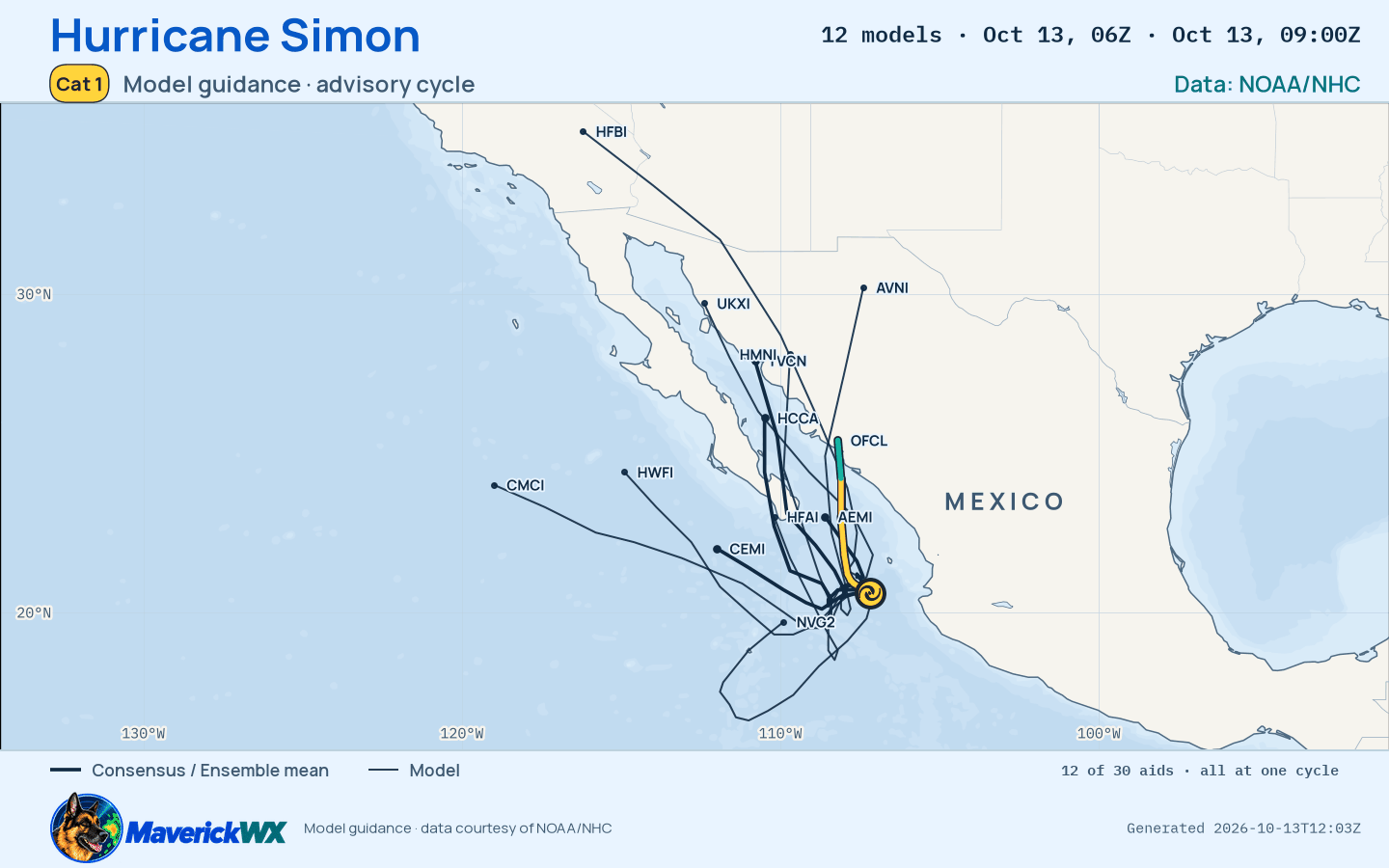 The models’ tracks, which are not a forecast for Category 1 Hurricane Simon, NHC Advisory 24