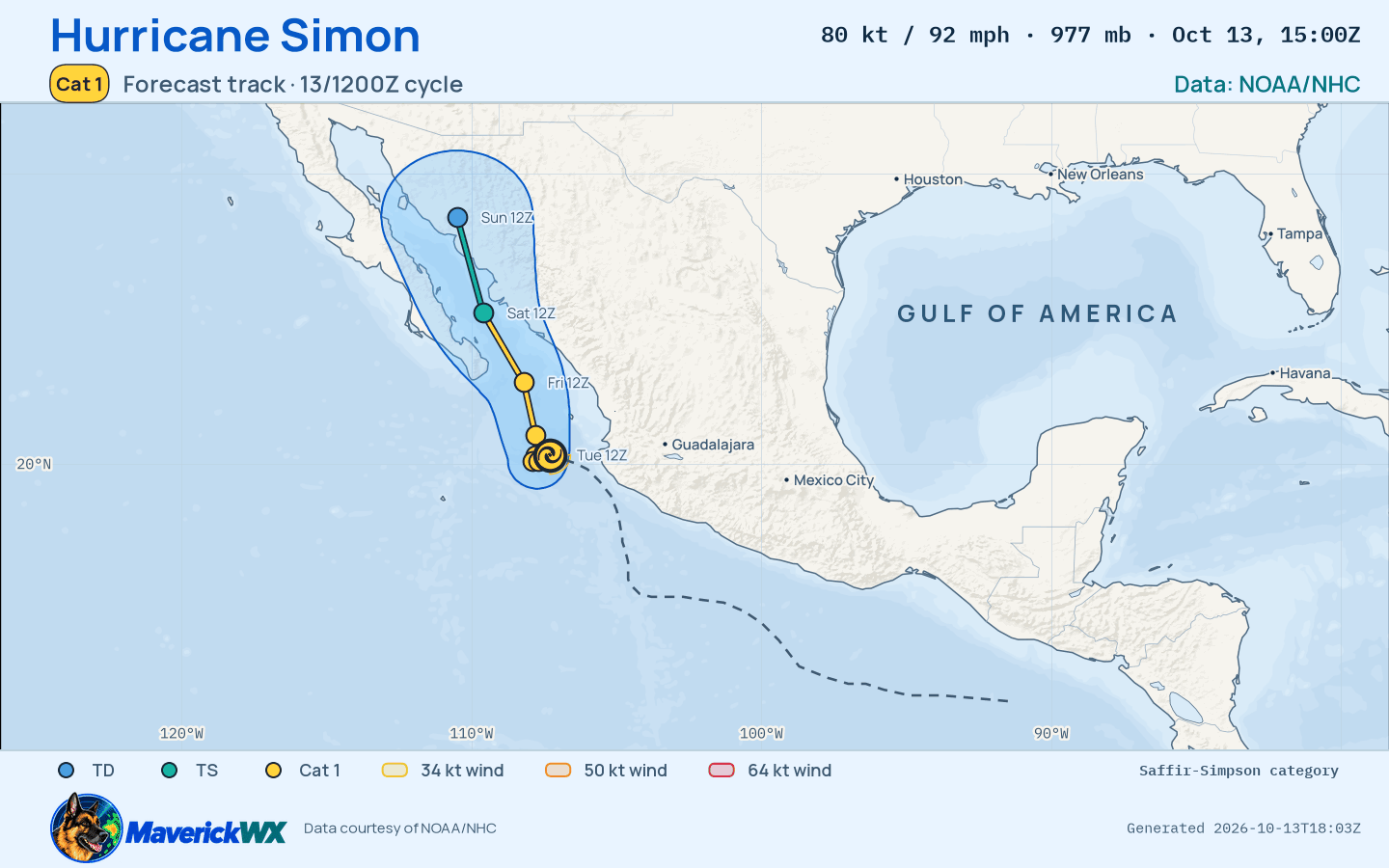 NHC forecast for Category 1 Hurricane Simon, Advisory 25; rendered by MaverickWX