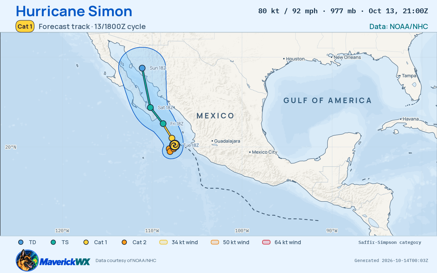 NHC forecast for Category 1 Hurricane Simon, Advisory 26; rendered by MaverickWX
