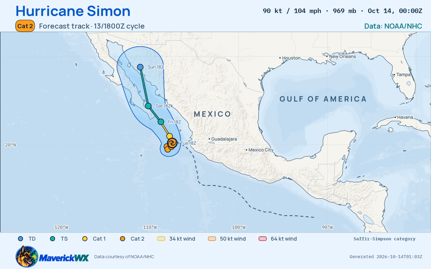 NHC forecast for Category 2 Hurricane Simon, Best track; rendered by MaverickWX
