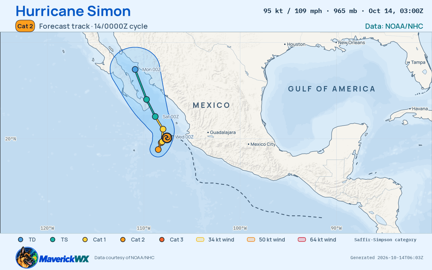 NHC forecast for Category 2 Hurricane Simon, Advisory 27; rendered by MaverickWX