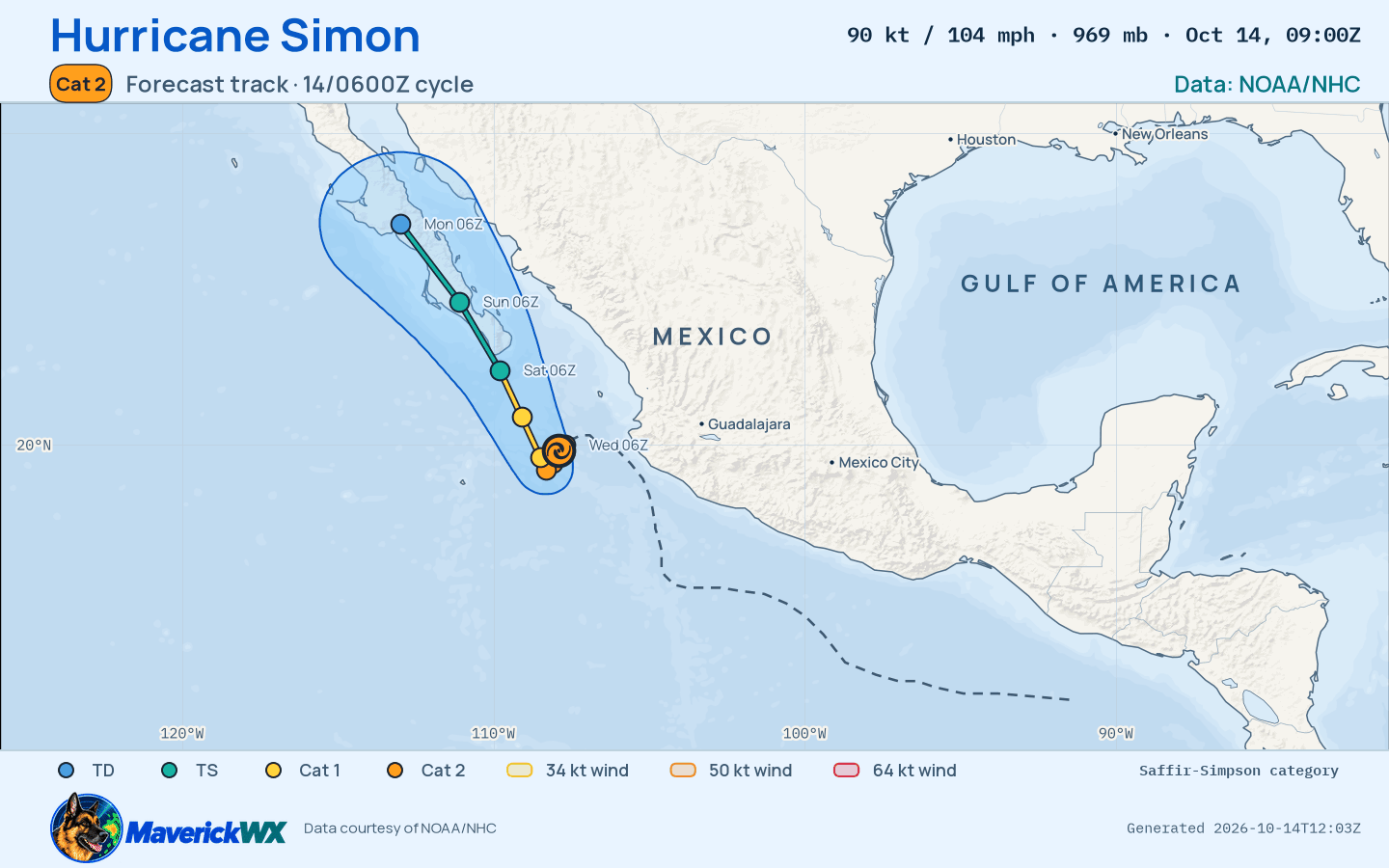 NHC forecast for Category 2 Hurricane Simon, Advisory 28; rendered by MaverickWX