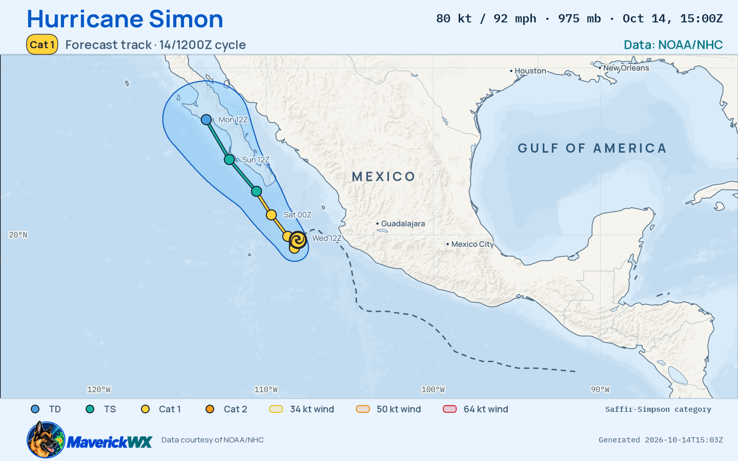 NHC forecast for Category 1 Hurricane Simon, Advisory 29; rendered by MaverickWX