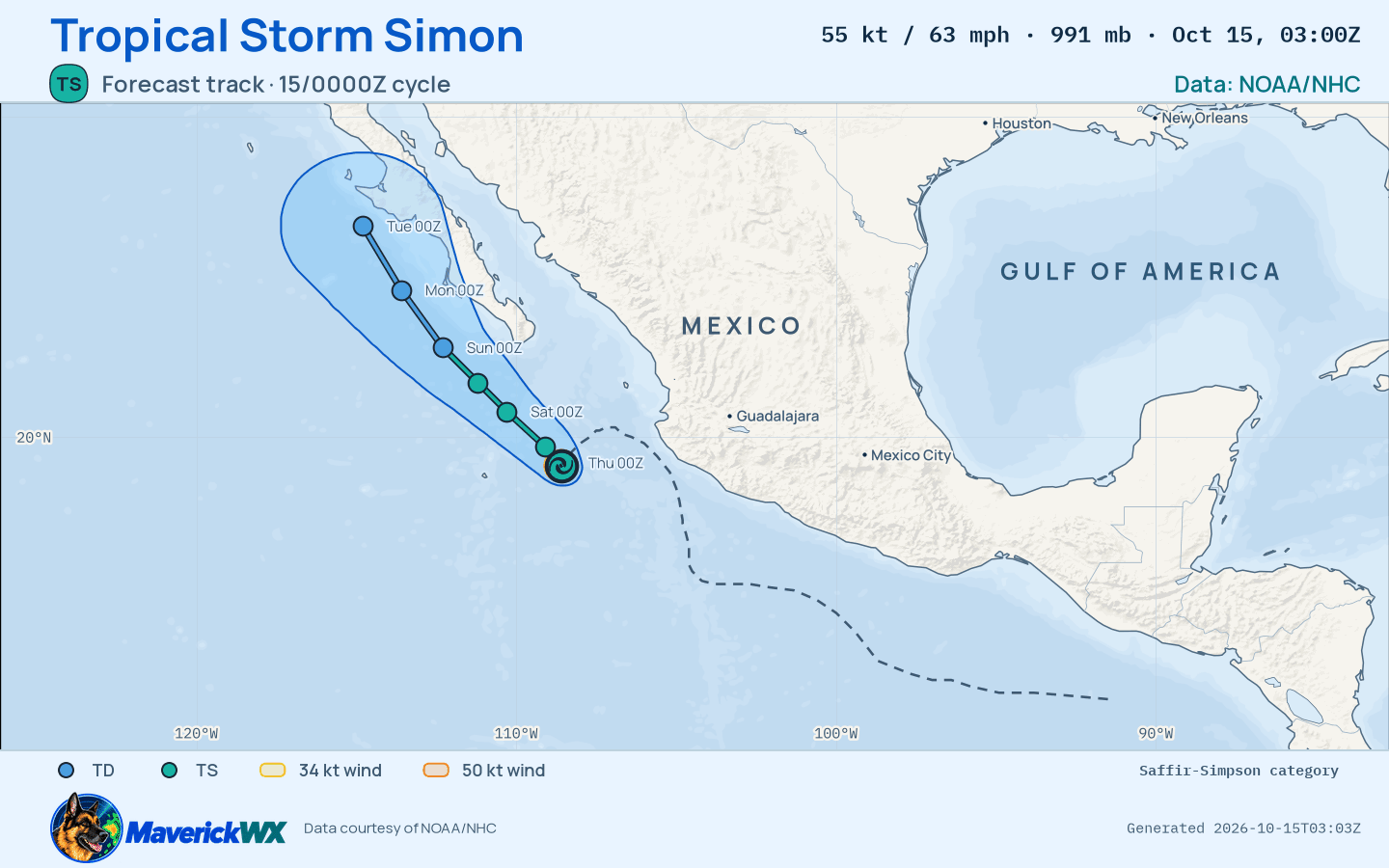 NHC forecast for Tropical Storm Simon, Advisory 31; rendered by MaverickWX