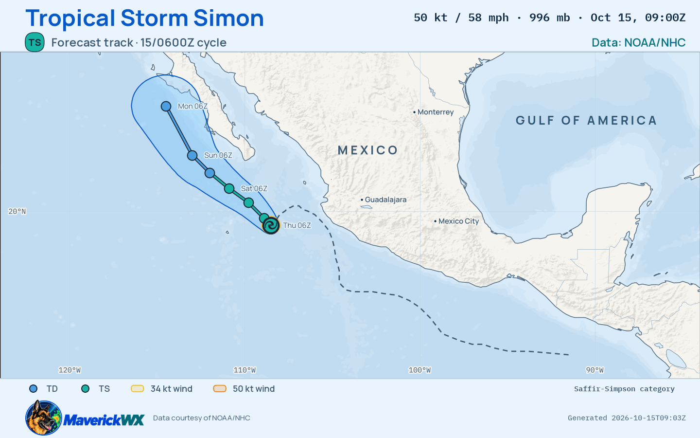 The official forecast track for Tropical Storm Simon, NHC Advisory 32